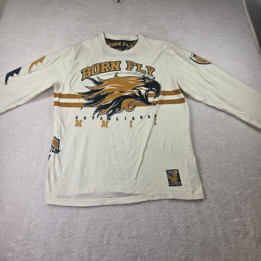 Born Fly Mens XL Long Sleeve Graphic T-Shirt Cream Eagle Established MMII Street
